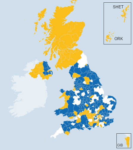 Amarillo, a favor de la permanencia, azul a favor de salirse de la Unión Europea. La distribución geográfica merece un análisis aparte